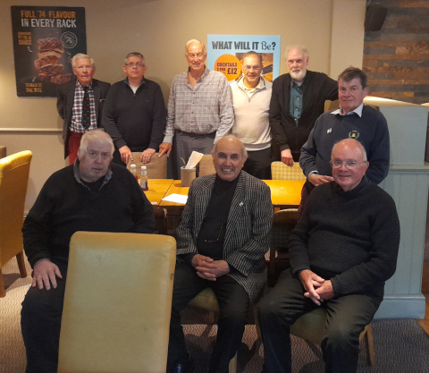 At the Beefeaterr 20 May 2026<br>Standing: Michael Morley OT 410, Andrew Horton Ott 517, Wallace Garland OT 570, Roger Neill OT590, John Shillito OT516, John Young OT 934.  Seated Dennis Pocock OTT92, David Hibbert OT 350, Angus Palmer OT330