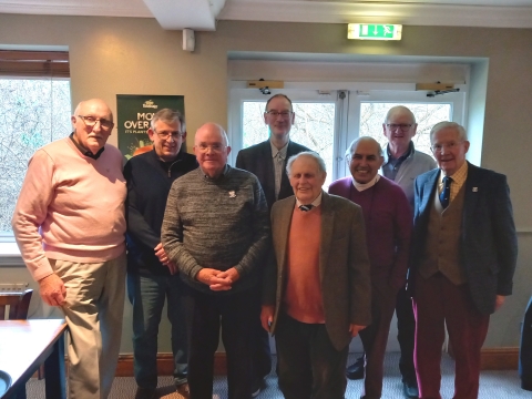 At the Beefeater on Thursday 21 February 2025<br> l to r: Tony Forward (OT278), Andrew Horton (OTT517), Angus Palmer (OT330, Trevor Olney (OTT365), Michael Bywaters (OT343), David (Bert) Hibbert (OT350), Martyn Whiteman (OT599), Michael Morley (OT410).