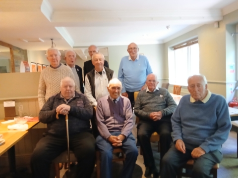 At the Beefeeater Guidford on 28/05/2025<br>Standing: OT410 Michael Morley, 347 David (Doi) Evans, 516 John Shillito, 989 Robin Stride, 278 Tony Forward. Sitting: OTT92 Dennis Pocock,OT350  David (Bert) Hibbert, 330 Angus Palmer, 254 Tony Foster.