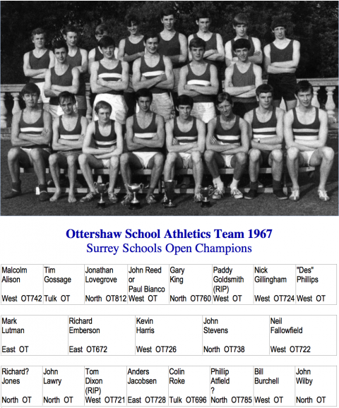 1967 Athletic Team with Names<br>Please note: - We now know that the top row 4th from left is John Read, and that John WIlby should be annotated RIP