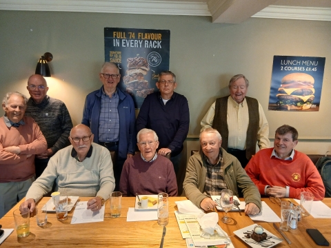 At the Beefeater 22 April '25<br>Standing l-r: Bywaters, Palmer, Whiteman, Horton, Buckley. Seated  l-r:   Forward, Morley, Stride, Young.