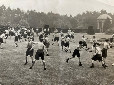 Boxing in the 1950s? with Oett in the formal gardens<br>
