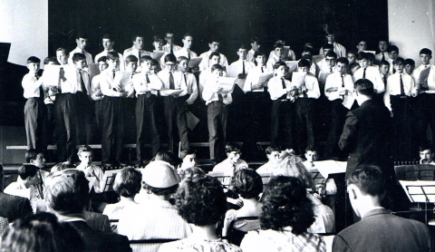 Choir and orchestra in the assembly hall circa 1963<br>Photo supplied by John Burrow - Can anyone clarify the year and the event and identify the people there?