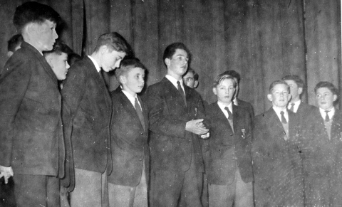 The East House competition choir c.1957 <br>L-R: Mike Harrisson, Chris Barke, Keith Surtees, ? , (Roger?) Ing, ? , Mike Leggett, Olly Palmer, ?. Raymond Noseda. Photo © Mike Leggett