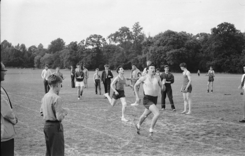  At the finishing line of the 880 yards  - c.1960 - Denys Hall looking on<br>© Mike Leggett