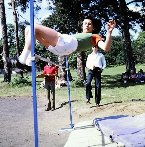 Andrew Horton sports day 1977 winning high jump for East House<br>Paul Weymouth in the background white shirt
