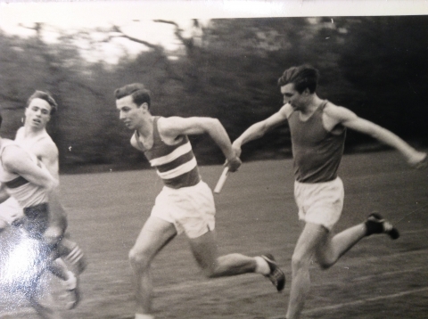 Inter School relay<br>Roger Howard (OT 561 North) hands the baton to Roy Oettinger (OT 603 West) in around 1964. Photo supplied by Roger Howard but likely to have been taken by Roy's father, teacher  A.A Oettinger.