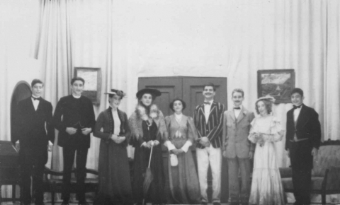 The importance of being Ernest 1955<br>The Cast - Second from the left is Tony Forward, third from the left Mark Steer, Angus Palmer the butler on the right end of the row. From the right is D J Evans. The others cast were W B McRay, F J Furlonger, C P Baker, L Berger and A Marsden 