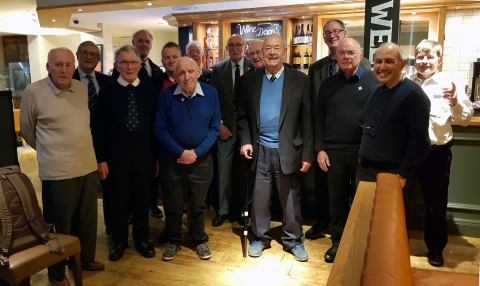 19January 2020 at the Beefeater, Parkway. Guildford.<br>L-R Tony Foster (OT256 West), Mike Pearch (OT164 North), D. Jones (OT104 North), John Shillito (OT516 North), Malcolm Alison (OT742 West), Ian Cope (OT254 West), David Evans (OT347 North), Tony Forward (OT278 East), Roger Holroyd (OT103 West), Wally Pope (OT129 North), Trevor Olney (OTT365 West), Angus Palmer (OT330 East), David Hibbert (OT350 East), John Young (OT934 North)