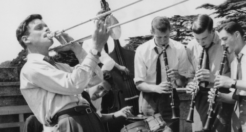 Jazz Band  believed to be in 1955<br>L – R.  D  (Nobby) Clark, P Ingram , ? , ?, R Lamerton, R Pearson