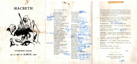 Programme  for Macbeth 1970 - Signed by cast<br>Supplied by Robin Stride 