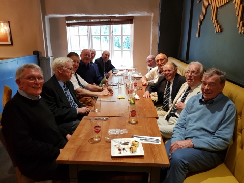 3  September 2018 at The Beafeater, Parkway, Guildford.<br>Left to right: David Jones OT265,Roger Holroyd OT103, Seth Jee OT309, Angus Palmer OT330, Bertie Bassett OT387, David Hibbert OT350, Terry Nagle OT464, Tony Forward OT278, Tom Bywaters OT343, David Evans OT347 and Peter Trevett OT170.