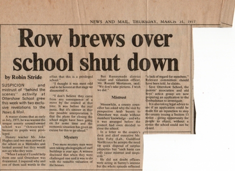 Row brews over school shutdown<br>Written in 1977/8 by Robin Stride (OT989 -Tulk)