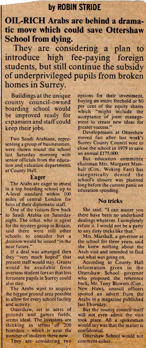 Oil rich Arabs could save school<br>Written in 1977/8 by Robin Stride (OT989 -Tulk)