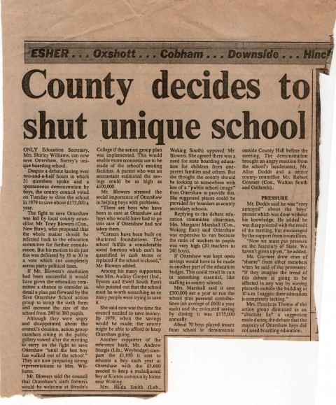 County decides to shut unique school<br>Written in 1977/8 by Robin Stride (OT989 -Tulk)