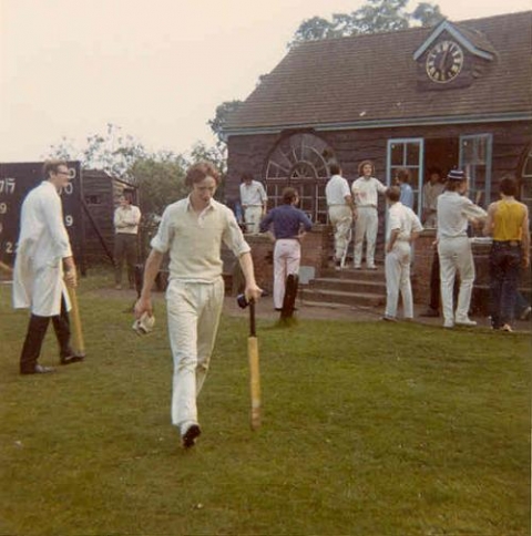 Mr Thomas (aka Tiny Tim) playing Cricket<br>
