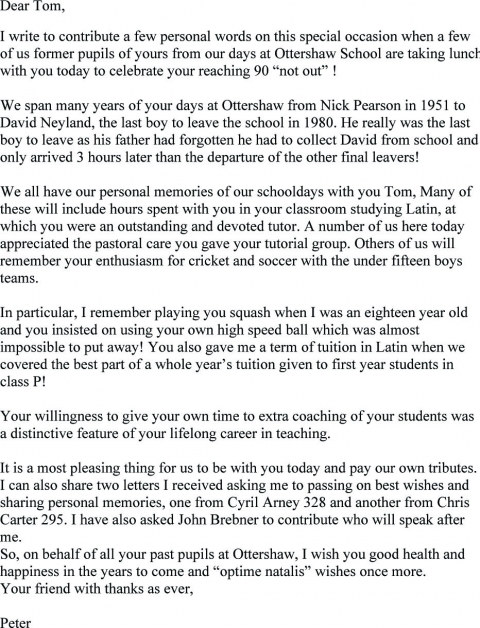 Letter from Peter Jones read on Tom's 90th birthday<br>