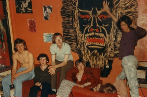 West House common room 1972 - art work by Paul Bianco<br>Lyn Softley? (sitting red dressing gown), Floyd? Webb? (posing standing on right), Julian Atkinson? (sitting on back of sofa),  One of the Chricton brothers? Photo by George Hutton  OTT26  West