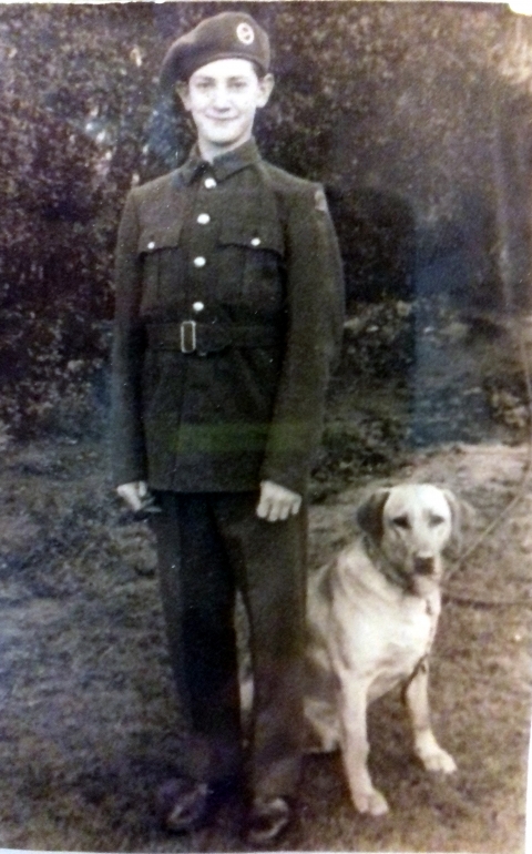  Bertie Bassett 387, as Cadet 1123, in A.T.C. Uniform, School Squadron 2291<br>with his lovely golden Labrador, 'Sandy' - photographed in the garden of the family home in Walton-on-Thames, circa 1956.